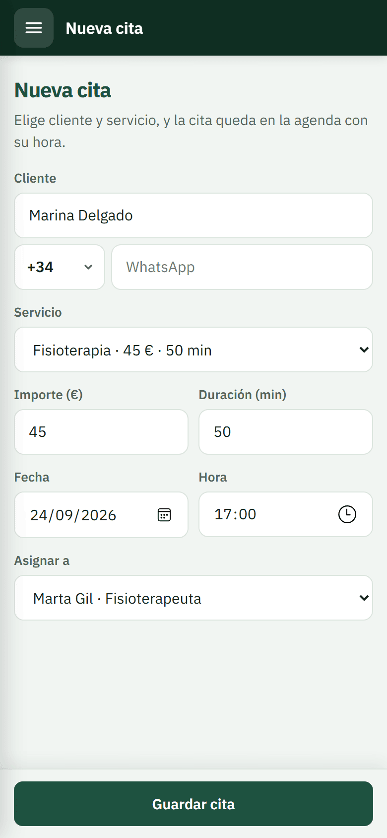 Formulario de nueva cita en Rescatta. Pantalla real de Rescatta con un centro y clientes de ejemplo.
